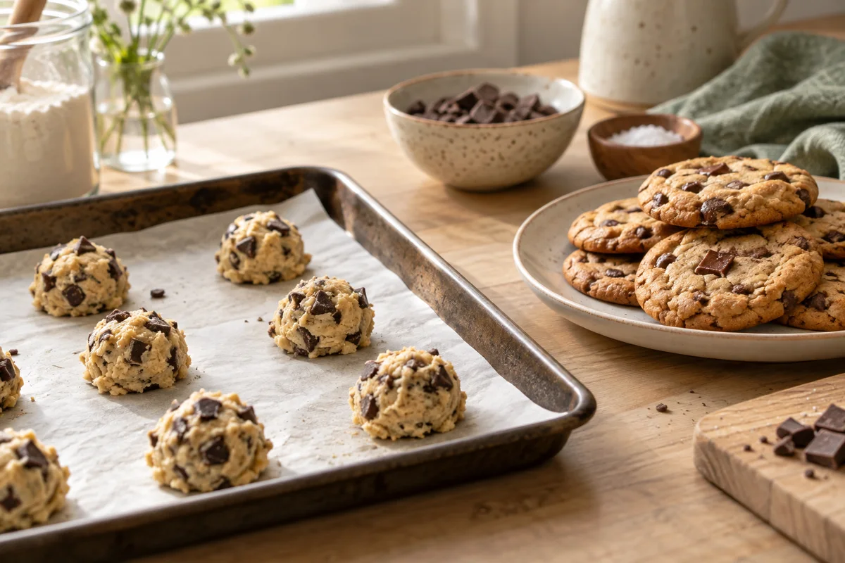 Uncooked chocolate-chip cookie dough beside freshly baked cookies