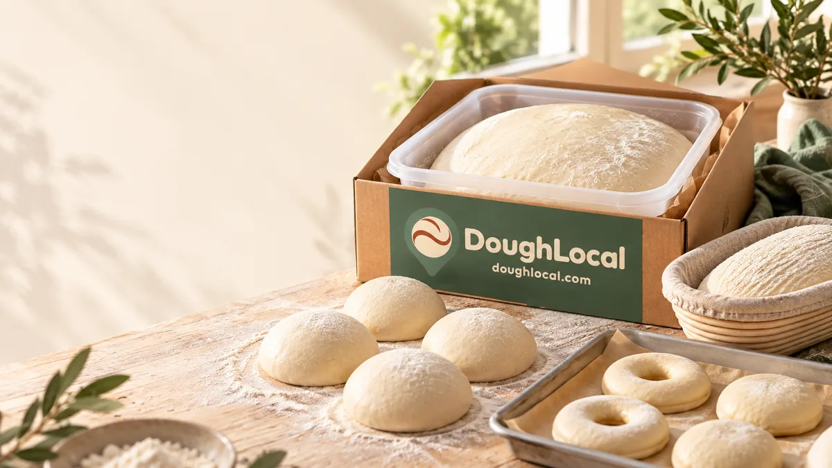 Uncooked bread, pizza and doughnut dough beside a DoughLocal delivery box
